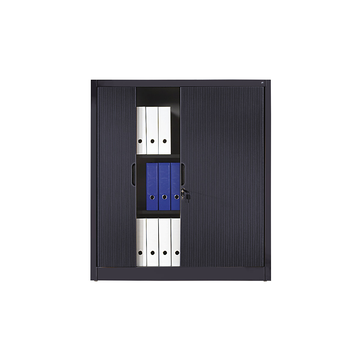 Dulap cu oblon orizontal – C+P, î. x lăț. x ad. 1345 x 1200 x 420 mm, 3 polițe, înălțime pentru 3,5 bibliorafturi, gri negru-0