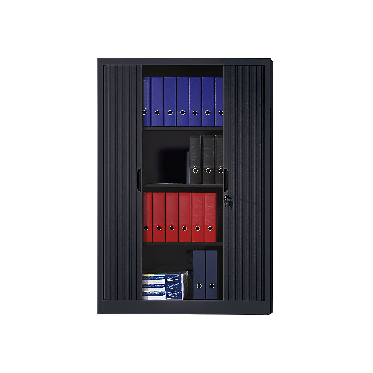 Dulap cu oblon orizontal – C+P, î. x lăț. x ad. 1980 x 1000 x 420 mm, 4 polițe, înălțime pentru 5 bibliorafturi, gri negru-0