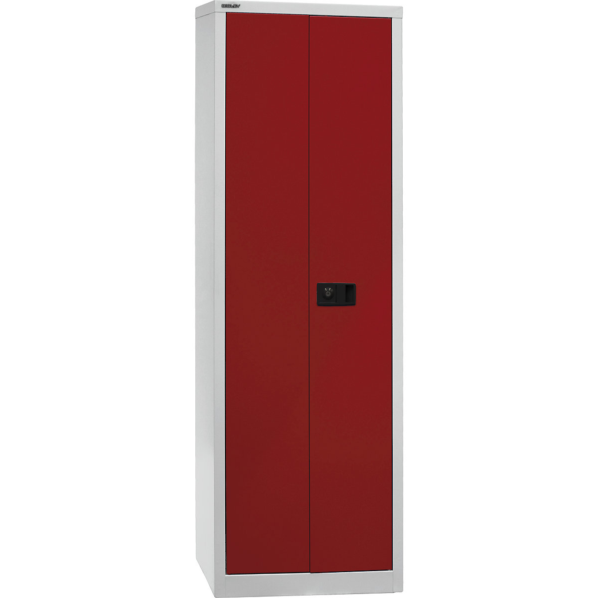 Dulap cu uși cu canaturi UNIVERSAL – BISLEY, î. x lăț. x ad. 1950 x 600 x 400 mm, 4 polițe, înălțime pentru 5 bibliorafturi, gri deschis / roșu cardinal-0