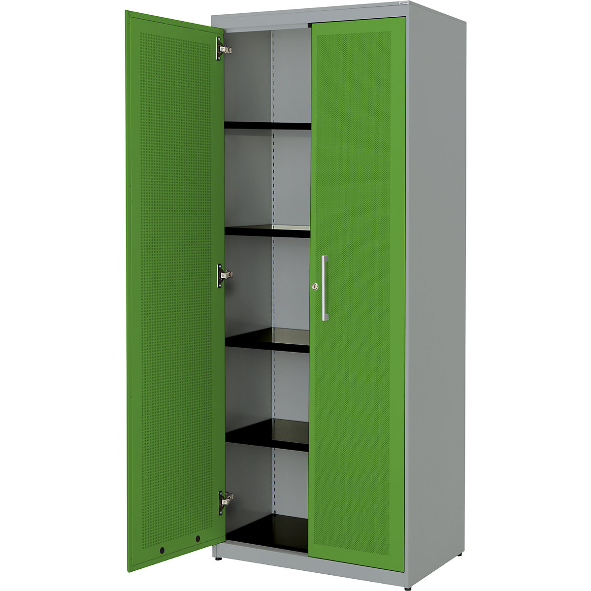 Dulap cu uși cu canaturi, eficient din punct de vedere acustic – mauser, î. x lăț. x ad. 1956 x 800 x 432 mm, 4 polițe, alb aluminiu / verde gălbui-0