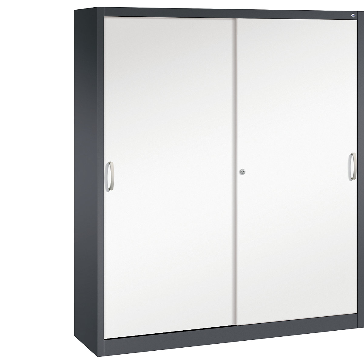 Dulap cu uși glisante ACURADO – C+P, 8 polițe, î. x lăț. x ad. 1950 x 1600 x 400 mm, gri negru / alb trafic-0