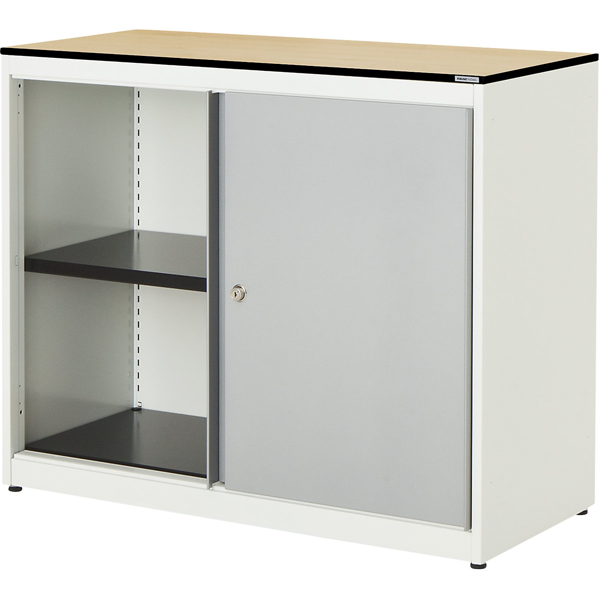 mauser – Dulap cu uși glisante, î. x lăț. x ad. 818 x 1200 x 432 mm, blat cu nucleu plin, 1 poliță, alb pur / alb aluminiu / arțar