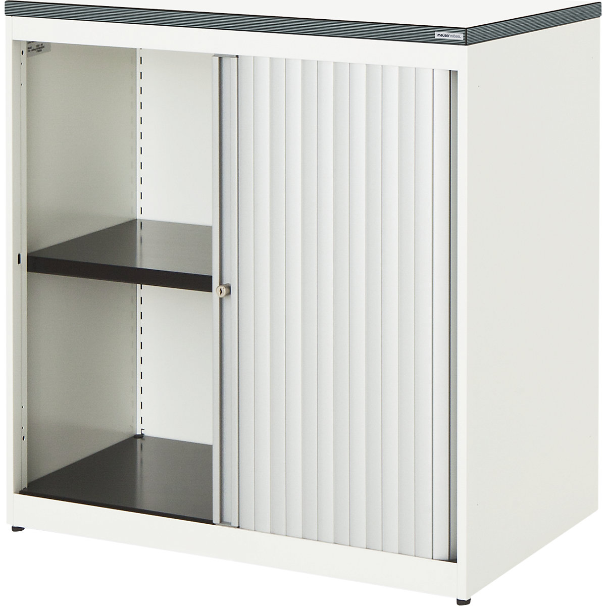 mauser – Dulap cu oblon transversal, î. x lăț. x ad. 830 x 800 x 432 mm, blat din plastic, 1 poliță, alb pur / culoare aluminiu / alb