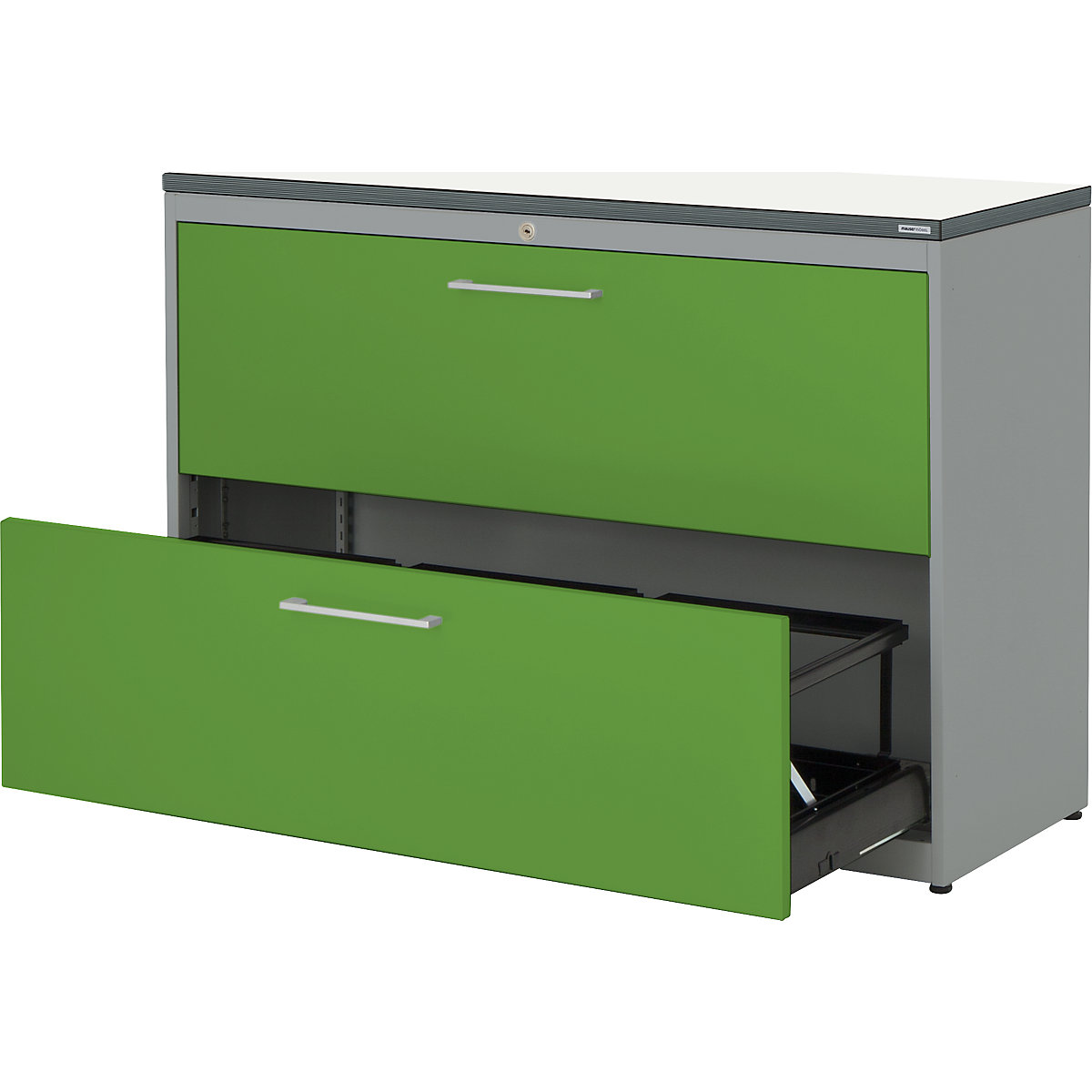 Classeur pour dossiers suspendus – mauser, plateau en plastique, 2 tiroirs, 3 rangées, fermeture amortie, aluminium / vert jaune / blanc-0