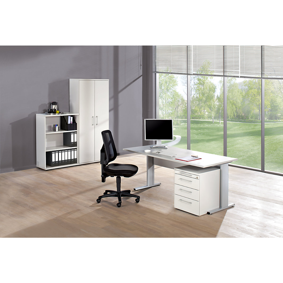 Oficina completa PETRA, silla giratoria de oficina incluida, gris luminoso-0
