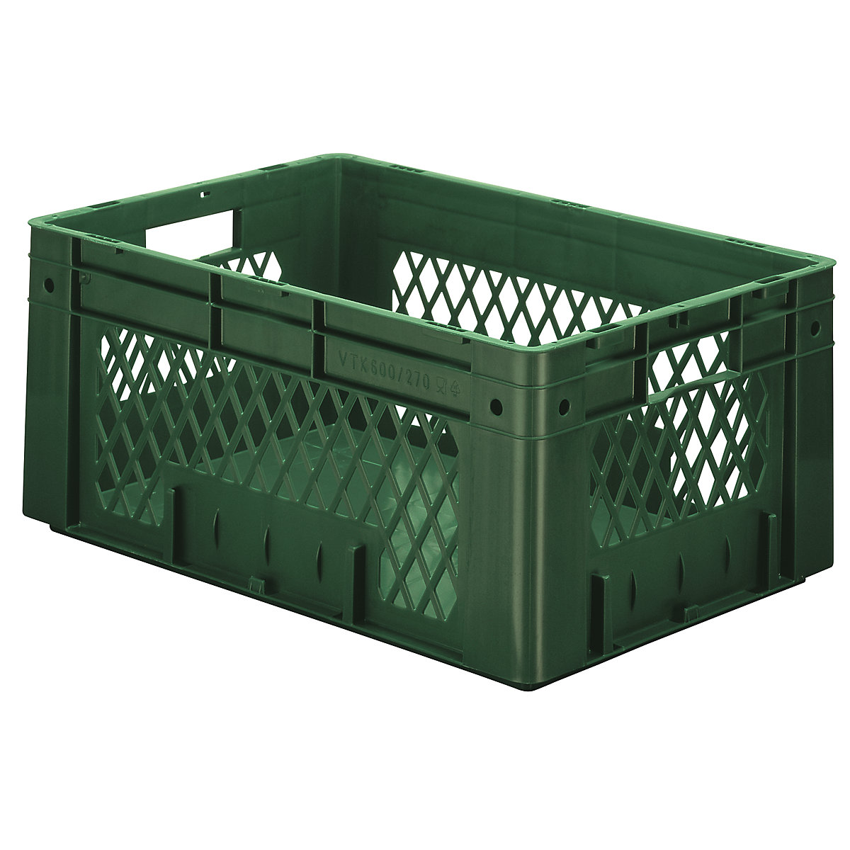 Navetă euro pentru obiecte grele, polipropilenă, capacitate 50 l, lung. x lăț. x î. 600 x 400 x 270 mm, pereți cu orificii, bază plină, verde, amb. 2 buc.