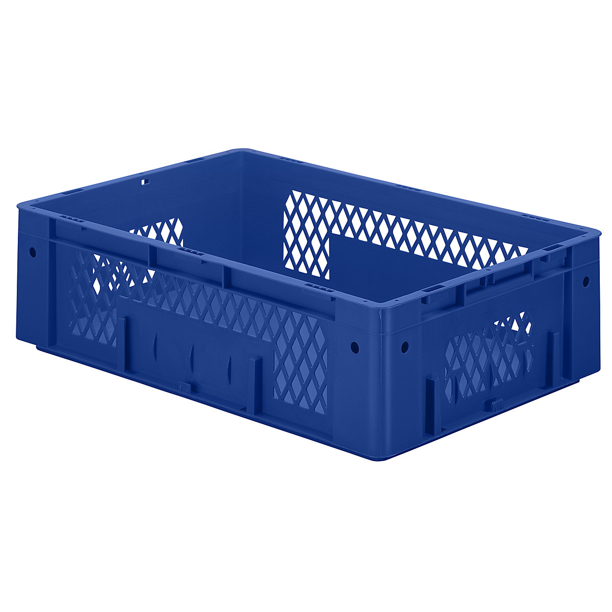 Navetă euro pentru obiecte grele, polipropilenă, capacitate 31 l, lung. x lăț. x î. 600 x 400 x 175 mm, pereți cu orificii, bază plină, albastru, amb. 2 buc.