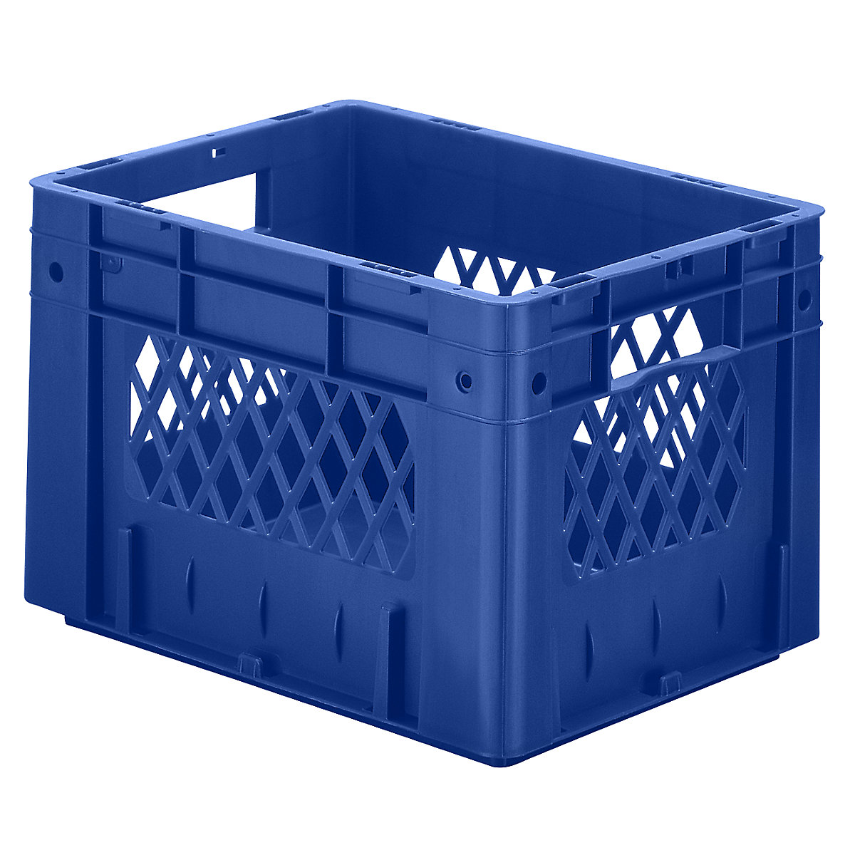 Navetă euro pentru obiecte grele, polipropilenă, capacitate 23,3 l, lung. x lăț. x î. 400 x 300 x 270 mm, pereți cu orificii, bază plină, albastru, amb. 4 buc.