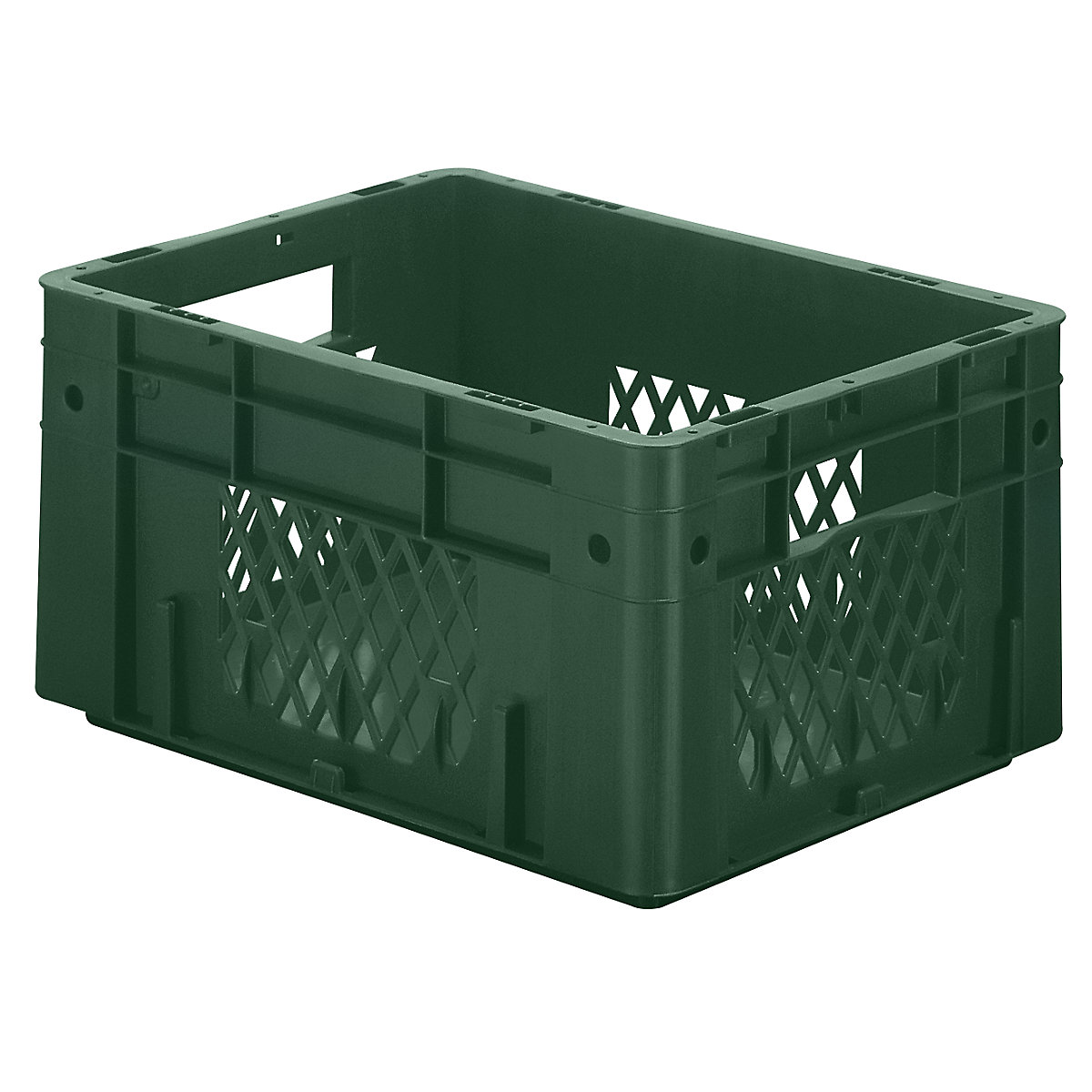 Navetă euro pentru obiecte grele, polipropilenă, capacitate 17,5 l, lung. x lăț. x î. 400 x 300 x 210 mm, pereți cu orificii, bază plină, verde, amb. 4 buc.