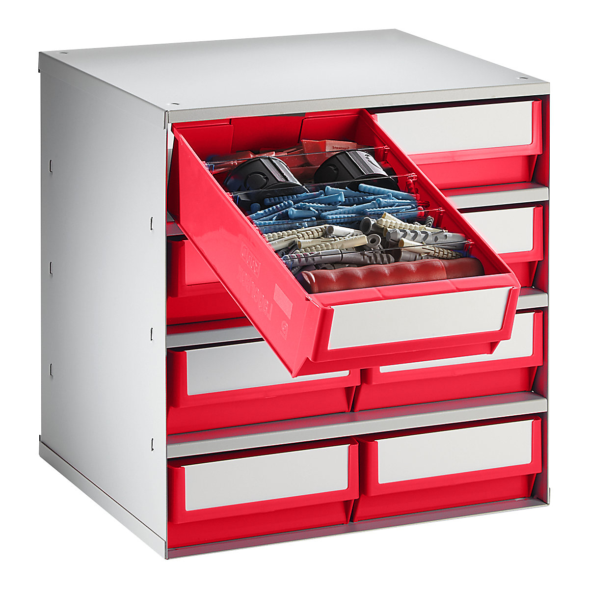 Magazie cu sertare, capacitate portantă maximă a carcasei 75 kg, î. x lăț. x ad. 395 x 376 x 300 mm, 8 sertare, sertare roșii-0