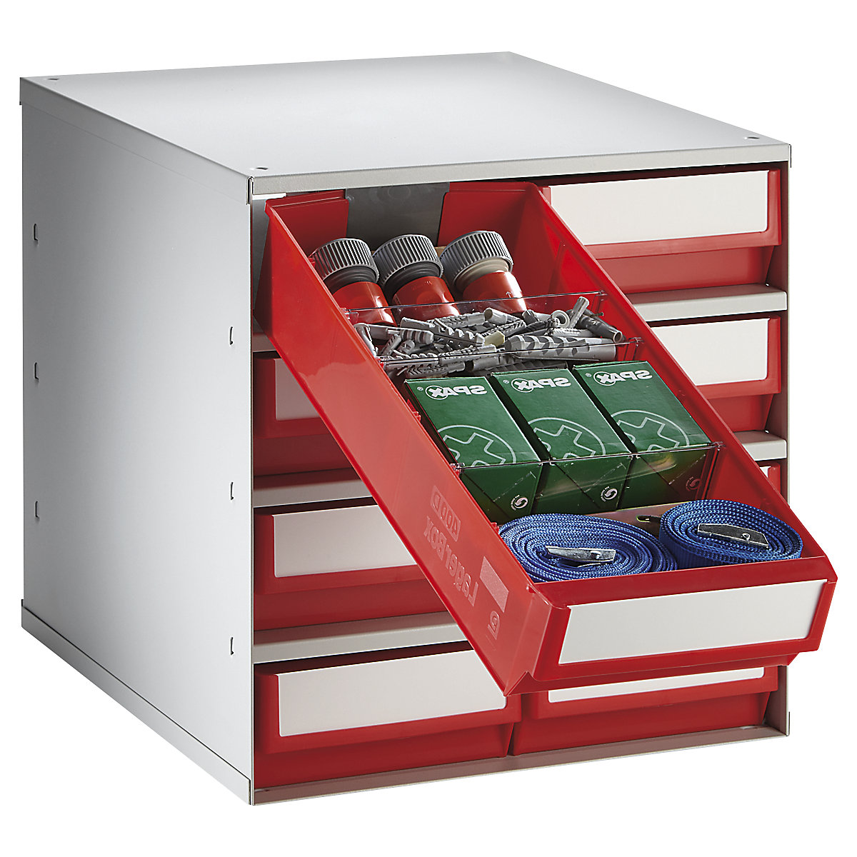 Magazie cu sertare, capacitate portantă maximă a carcasei 75 kg, î. x lăț. x ad. 395 x 376 x 400 mm, 8 sertare, sertare roșii-0