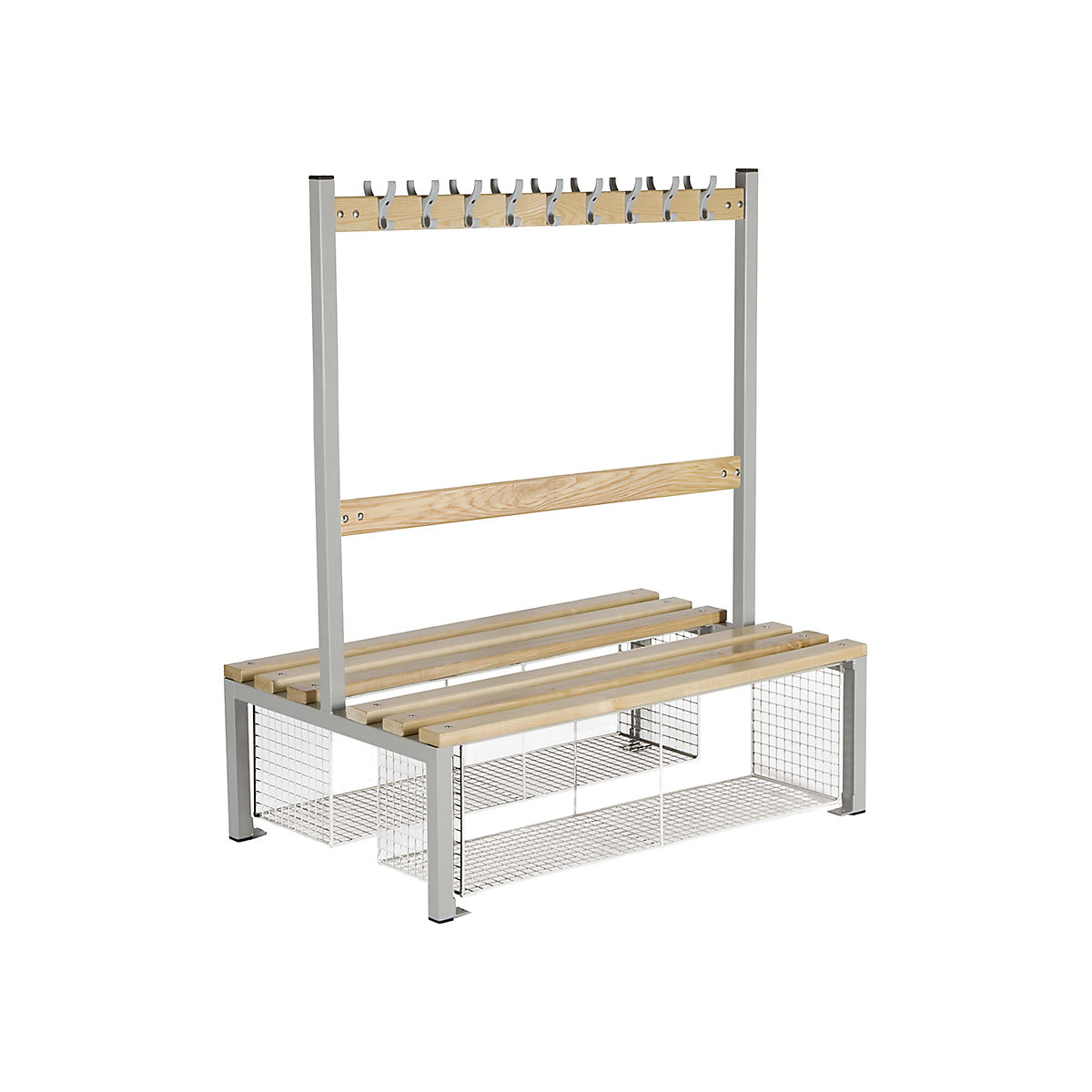Elite Primary School Island Changing Room Benches With Shoe Trays, Elite Primary School Island Changing Room Benches With Shoe Trays, Elite Primary School Island Changing Room Bench With Shoe Trays | 1370h x 1200w x 760d mm | Double Sided | 18 Hooks | Grey Frame-0