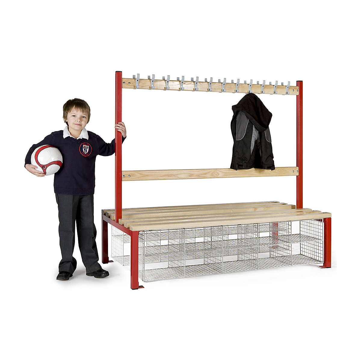 Elite Primary School Island Changing Room Benches with Shoe Compartments, Elite Primary School Island Changing Room Benches with Shoe Compartments, Elite Primary School Island Changing Room Bench With 20 Compartments | 1370h x 1500w x 760d mm | Double Sided | 24 Hooks | Green Frame-0