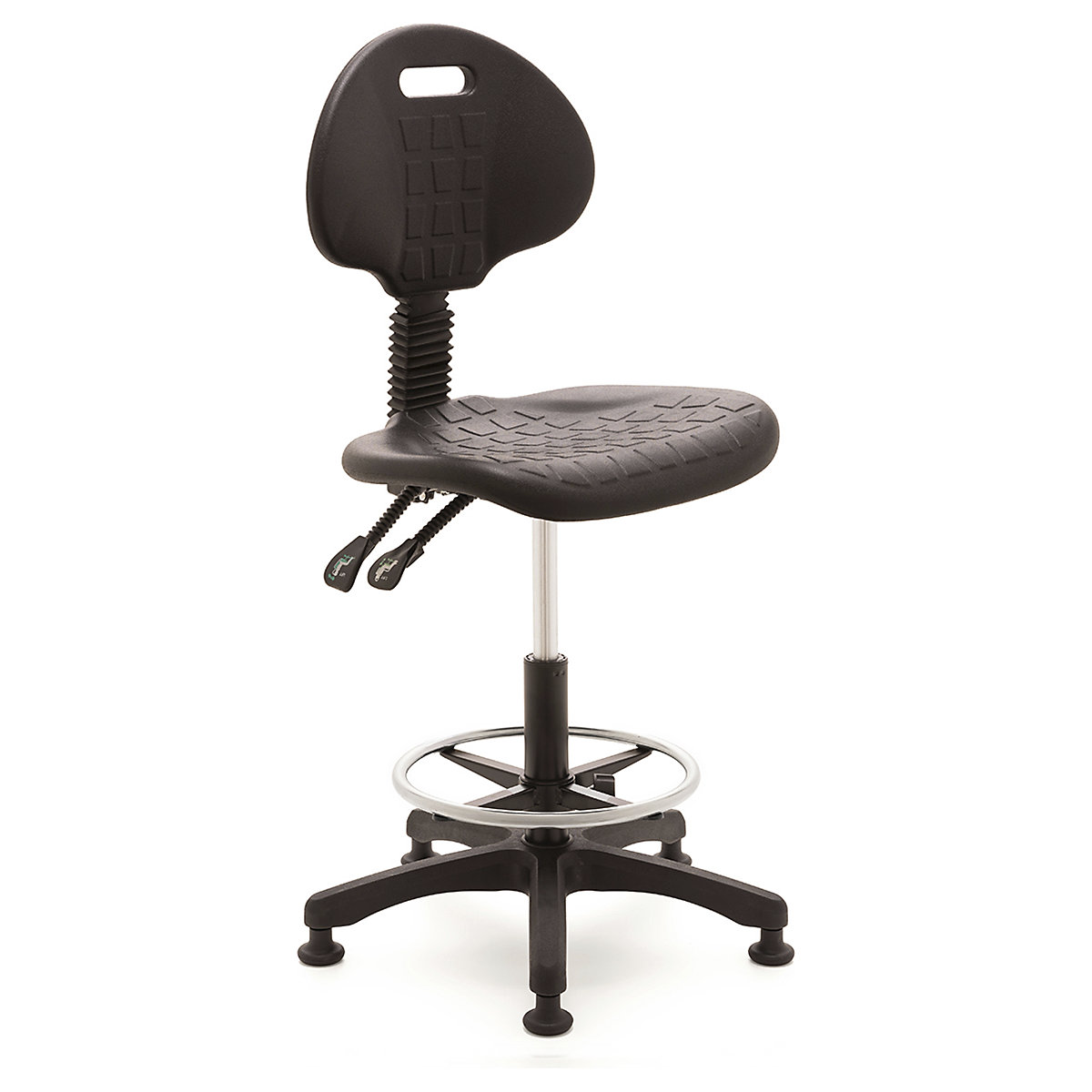 BiGDUG Essentials Wipe Clean Workshop Draughtsman Chairs, BiGDUG Essentials Wipe Clean Workshop Draughtsman Chairs, BiGDUG Essentials Polyurethane Draughtsman Chair | Chrome Footring | Seat Height 520-720mm | 2 Lever Movement | Black-0