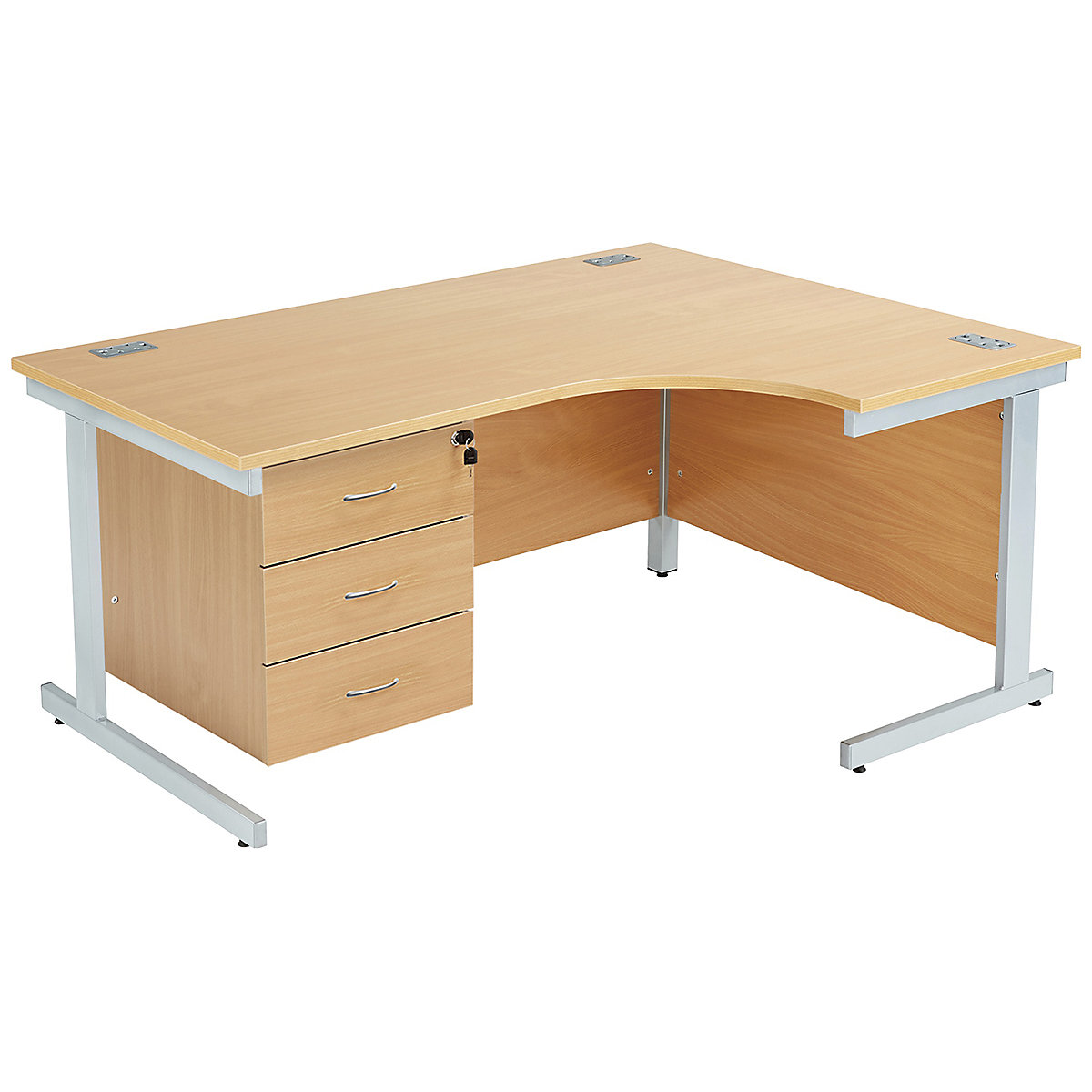 Commerce II Ergonomic Desks With Fixed Pedestal, Commerce II Ergonomic Desks With Fixed Pedestal, Commerce II Ergonomic Desks With Fixed Pedestal 730h x 1600w x 800/1200d mm | Beech | Next Day Delivery | Silver Legs | 2 Drawer | Left Hand-0