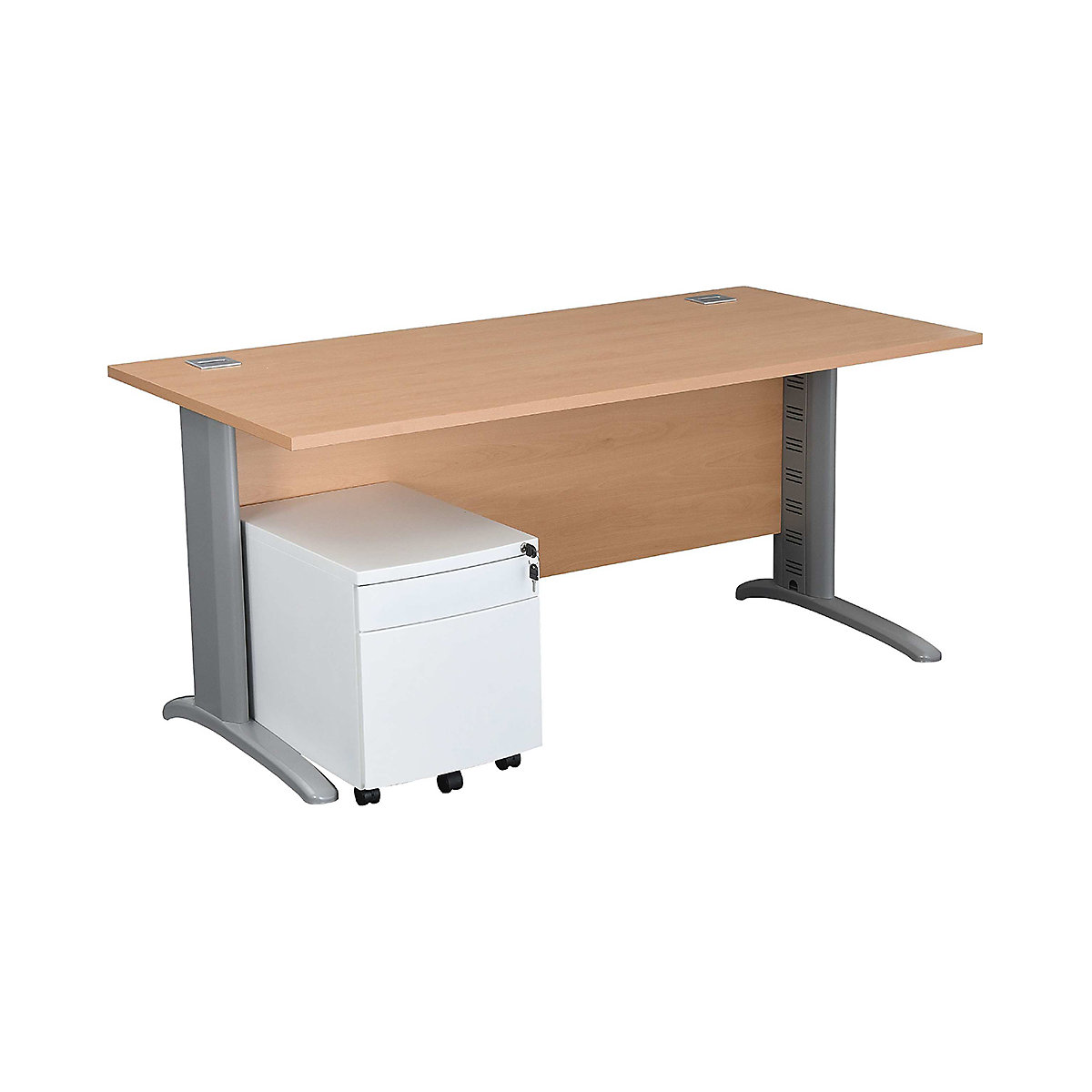 Karbon K5 IT Stylish Desk With Metal Low Mobile Pedestal, Karbon K5 IT Stylish Desk With Metal Low Mobile Pedestal, Karbon K5 IT Stylish Desk With Metal Low Mobile Pedestal 730h x 1200w x 800d mm | Beech | Silver Legs | White Pedestal-1