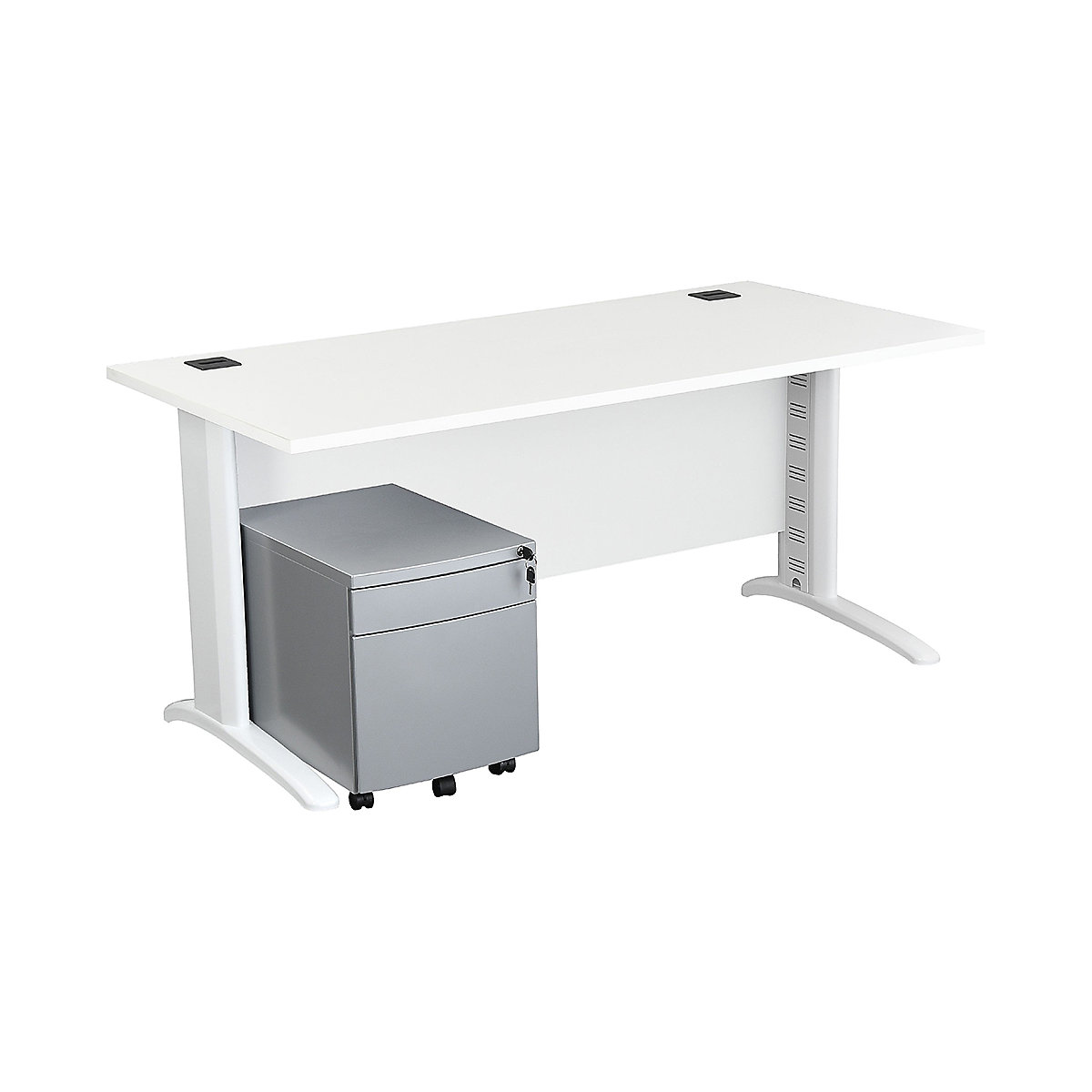 Karbon K5 IT Stylish Desk With Metal Low Mobile Pedestal, Karbon K5 IT Stylish Desk With Metal Low Mobile Pedestal, Karbon K5 IT Stylish Desk With Metal Low Mobile Pedestal 730h x 1400w x 800d mm | White | Silver Legs | Silver Pedestal-3
