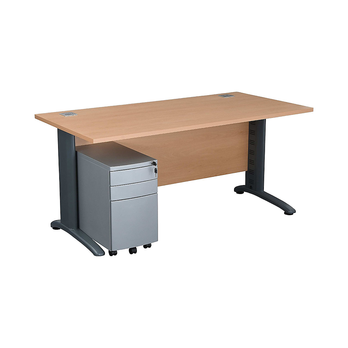 Karbon K5 Modern Computer Desk With 3 Drawer Slimline Mobile Metal Pedestal, Karbon K5 Modern Computer Desk With 3 Drawer Slimline Mobile Metal Pedestal, Karbon K5 Modern Computer Desk With 3 Drawer Slimline Mobile Metal Pedestal 730h x 1200w x 800d mm | Beech | Graphite Legs| Silver Pedestal-0