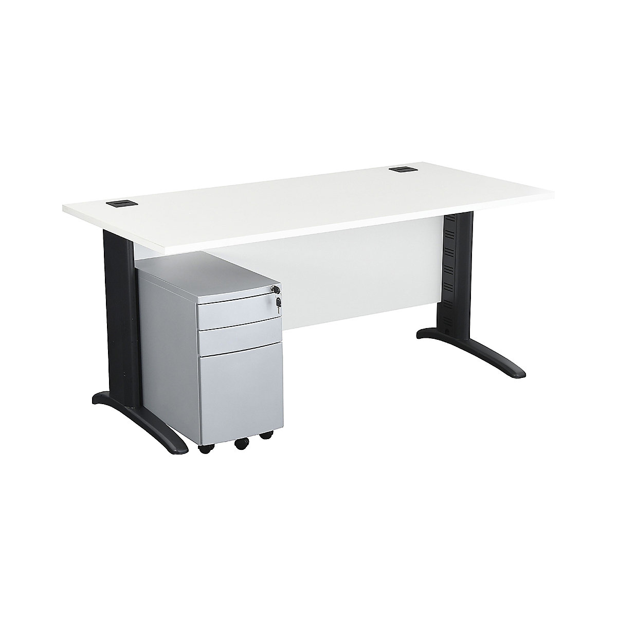 Karbon K5 Modern Computer Desk With 3 Drawer Slimline Mobile Metal Pedestal, Karbon K5 Modern Computer Desk With 3 Drawer Slimline Mobile Metal Pedestal, Karbon K5 Modern Computer Desk With 3 Drawer Slimline Mobile Metal Pedestal 730h x 1400w x 800d mm | White | Silver Legs| Silver Pedestal-0