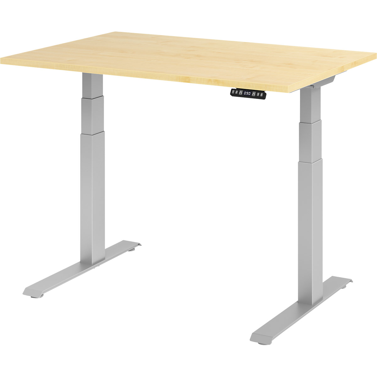 Desk, electric height adjustment UPLINER-K, with memory switch, WxD 1200 x 800 mm, maple/aluminium silver-0