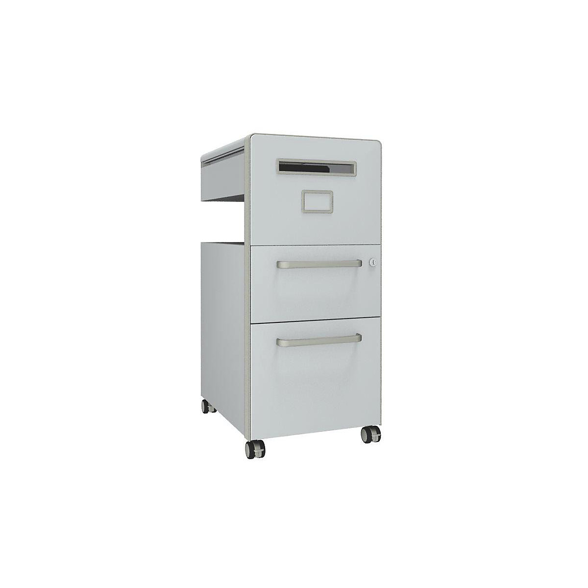 Bite™ pedestal furniture, with 1 pin board, opens on the right side – BISLEY, with 1 universal drawer, 1 suspension file drawer, traffic white-1