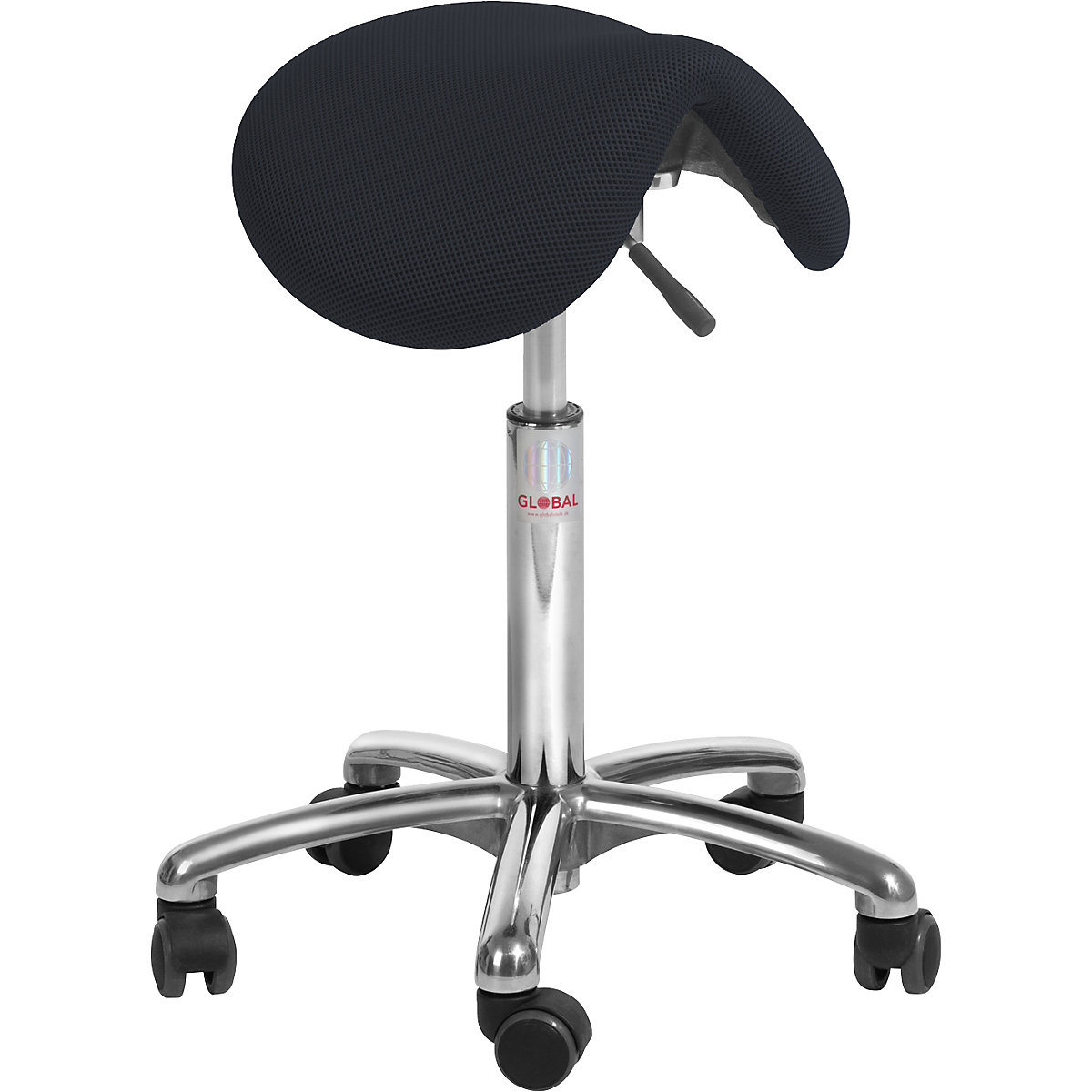 Saddle stool for dynamic sitting, seat height 530 – 720 mm, fabric, black-1