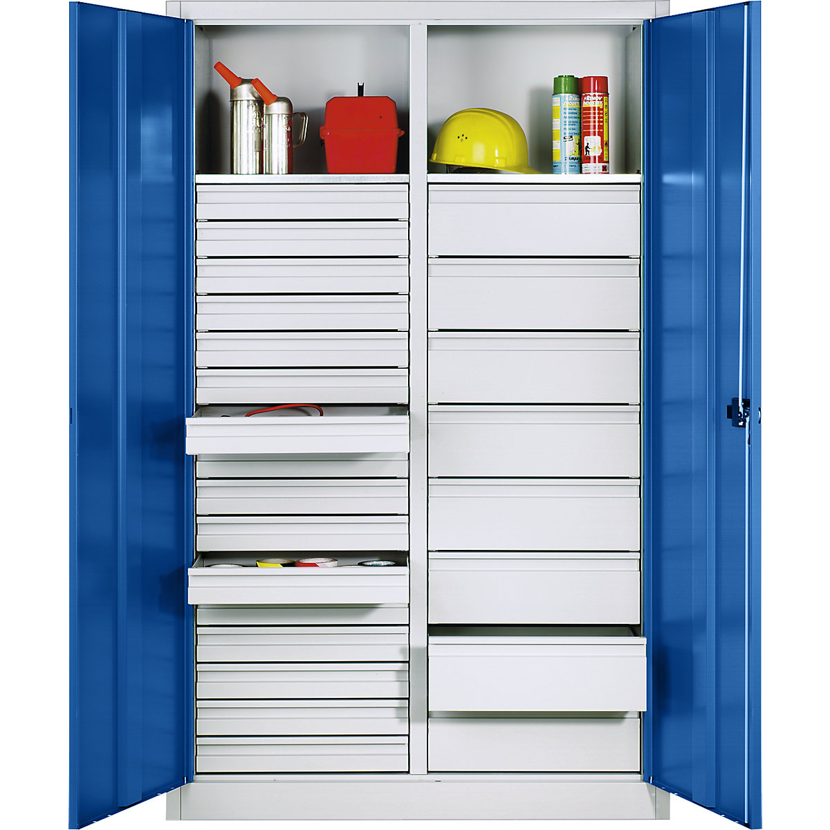 Omara za material iz jeklene pločevine – C+P, 2 polic, 24 predalov, VxŠxG 1950 x 930 x 500 mm, vrata encijan modra, osrednji del svetlo siv-0