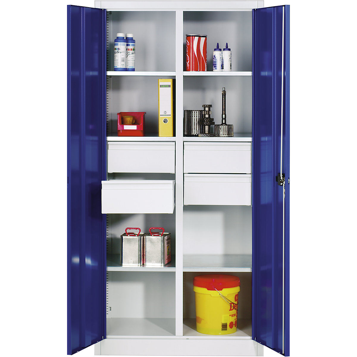 Omara za material iz jeklene pločevine – C+P, 6 polic, 4 predalov, VxŠxG 1950 x 930 x 500 mm, vrata encijan modra, osrednji del svetlo siv-0