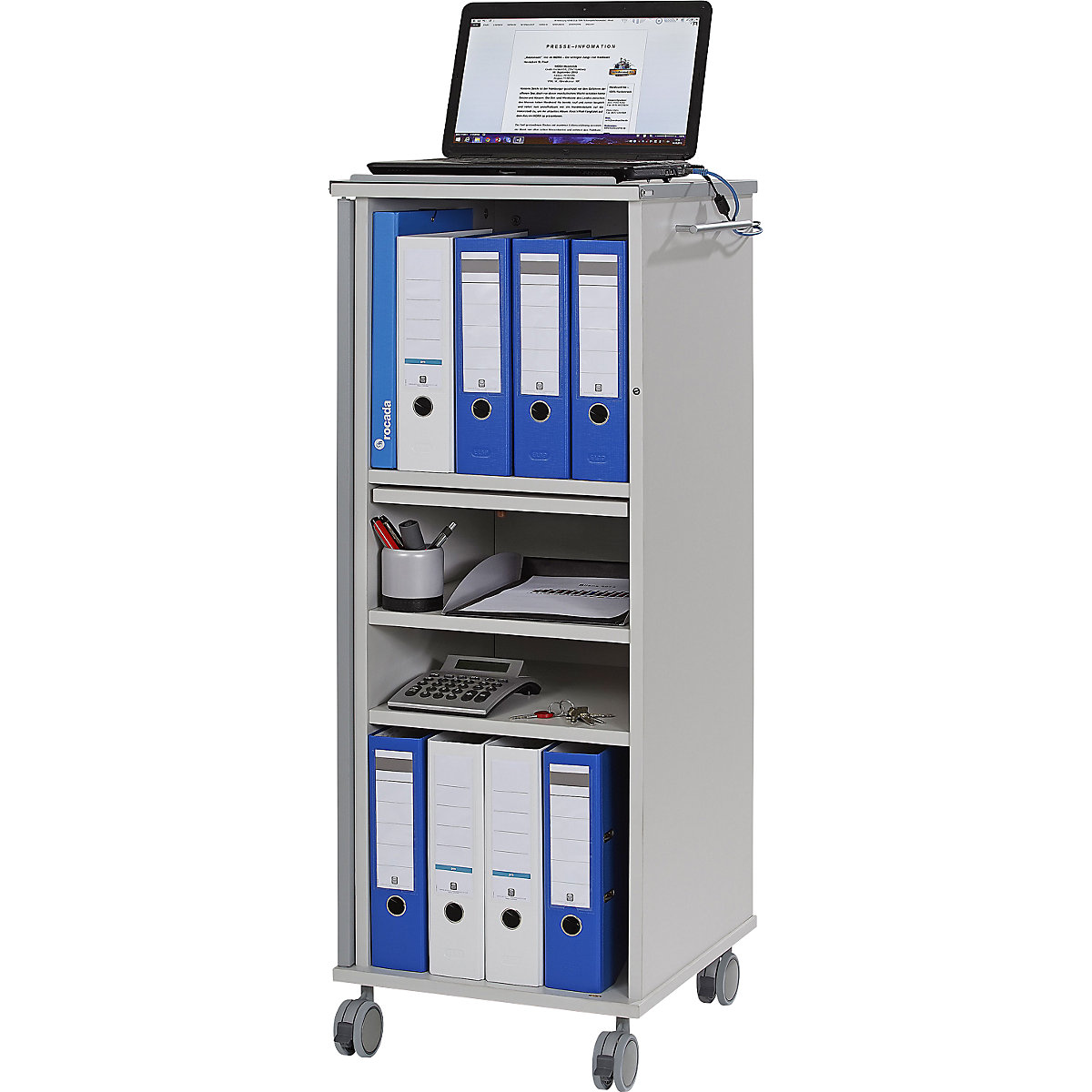 Pomična pisarniška omarica za elektronsko opremo, s 4 predelki, 1 izvlečno odlagalno ploščo, svetlo siva-0