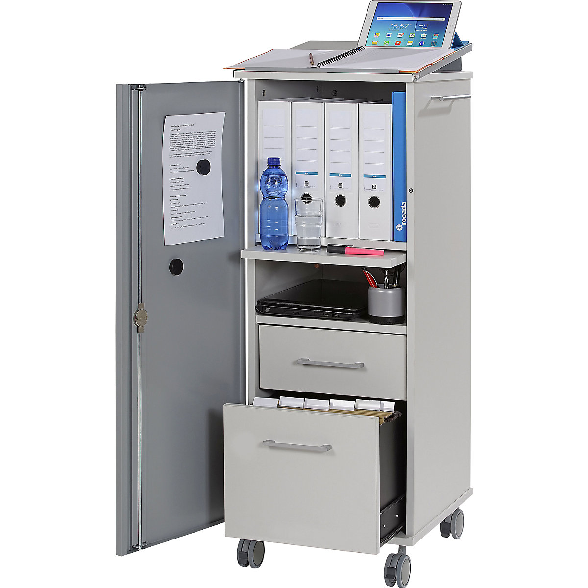 Pomična pisarniška omarica za elektronsko opremo, z 2 predelkoma, 2 predaloma, 1 izvlečno odlagalno ploščo, svetlo siva-0