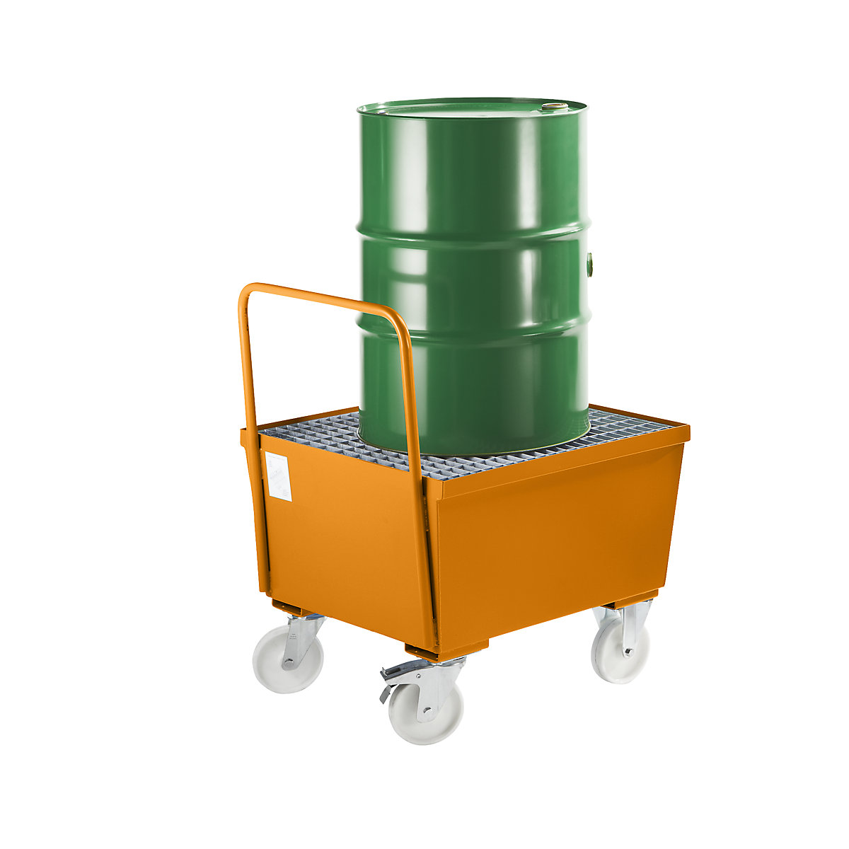 Verrijdbare stalen opvangbak met randprofielen – eurokraft pro, voor vat van 200 liter, 1 x staand, l x b x h = 870 x 800 x 1110 mm, oranje RAL 2000-0