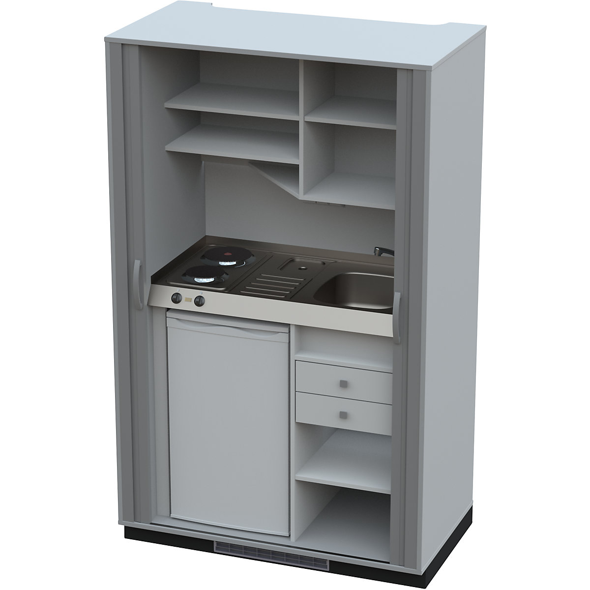 Bucătărie încastrată cu front tip oblon, plită cu 2 ochiuri, chiuvetă dreapta, gri/antracit 1956 x 1200 x 650 mm-0