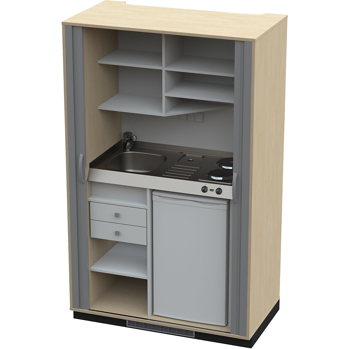 Bucătărie încastrată cu front tip oblon, plită cu 2 ochiuri, chiuvetă stânga, mesteacăn/antracit 1956 x 1200 x 650 mm-0