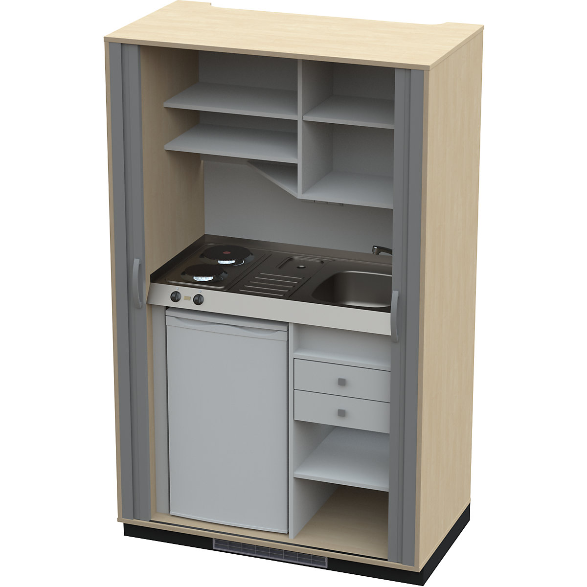 Bucătărie încastrată cu front tip oblon, plită cu 2 ochiuri, chiuvetă dreapta, mesteacăn/antracit 1956 x 1200 x 650 mm-0