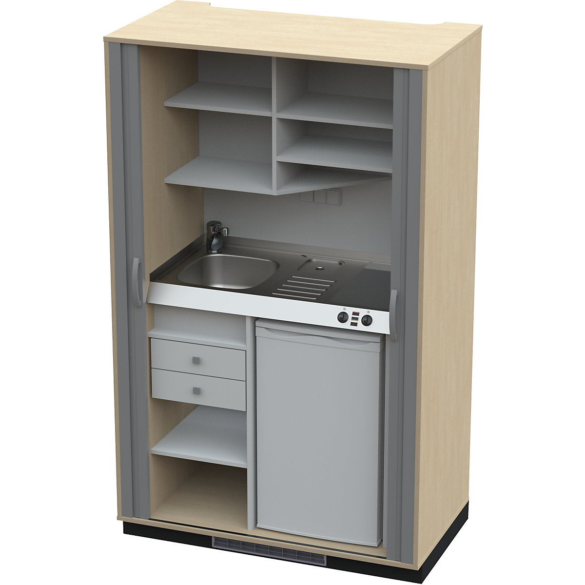 Bucătărie încastrată cu front tip oblon, plită vitro-ceramică cu 2 ochiuri, chiuvetă stânga, mesteacăn/antracit 1956 x 1200 x 650 mm-0