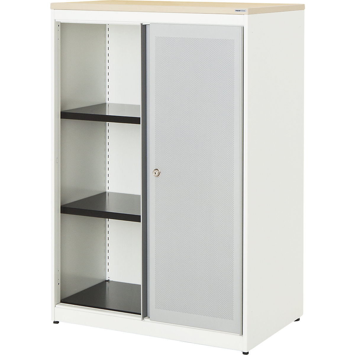 Omara z drsnimi vrati, akustični učinek – mauser, plošča iz umetne mase, VxŠxG 1180 x 800 x 432 mm, 2 polici, čista bela / aluminijasto siva / javor-0