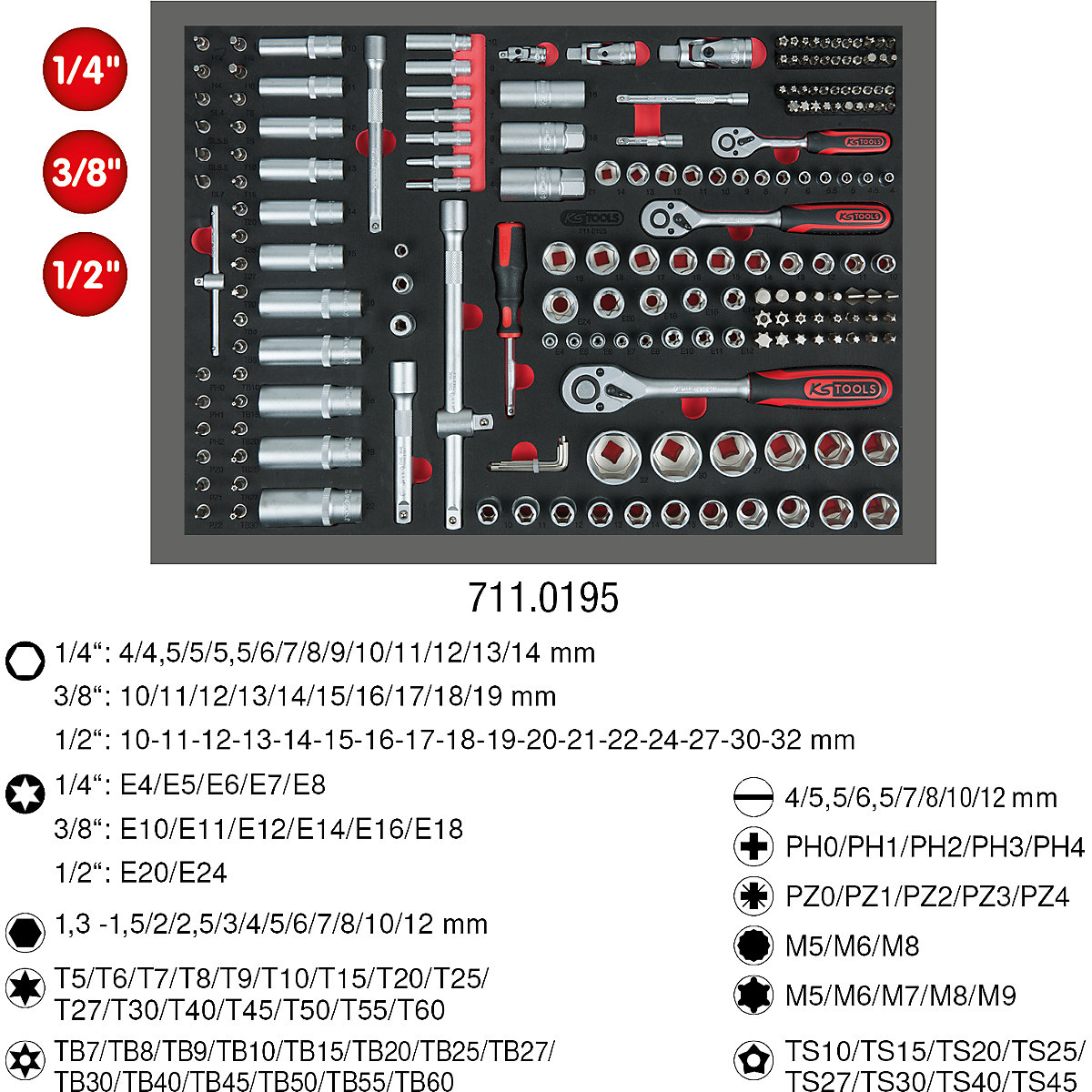 Komplet utičnih ključeva 1/4'' + 3/8'' + 1/2'', visine 35 mm – KS Tools