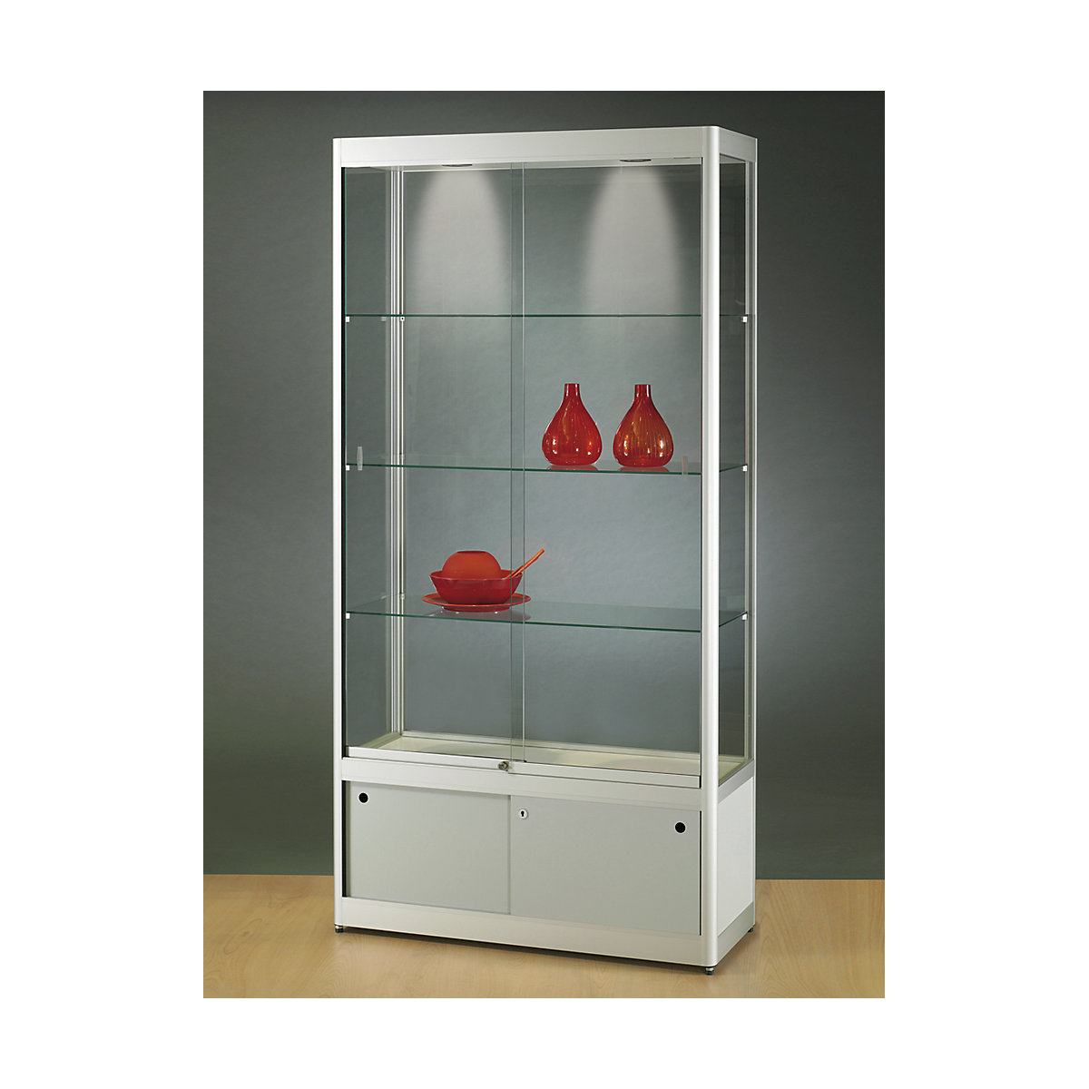 Vitrine, BxTxH 1000 x 400 x 2000 mm, LED-Kollektion-Beleuchtung, Leuchtkopf-Ø 50 mm, mit Unterschrank