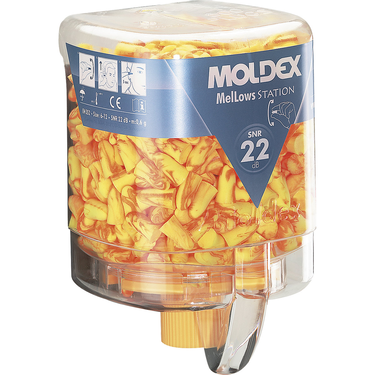 Zásobník na chrániče sluchu včetně zátek – MOLDEX, MelLows® žluté, SNR 22 dB, včetně 250 párů MelLows®-0