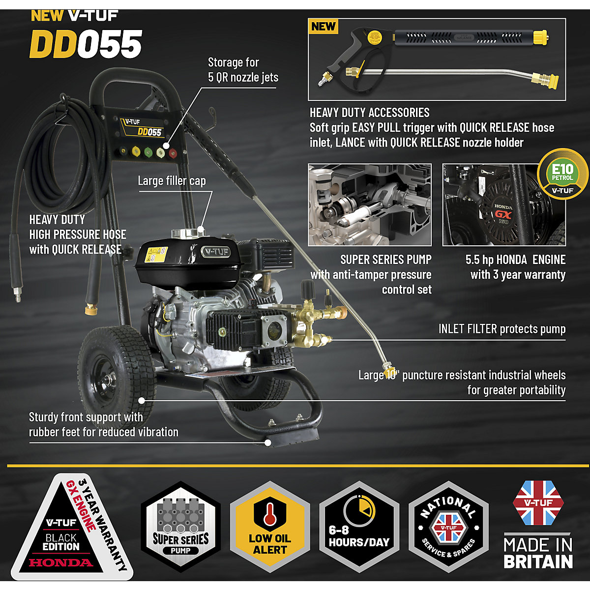V-TUF DD055 Industrial Honda Driven Petrol Pressure Washer | 5.5HP | 13.2L/Min | 140Bar (Product illustration 4)-3