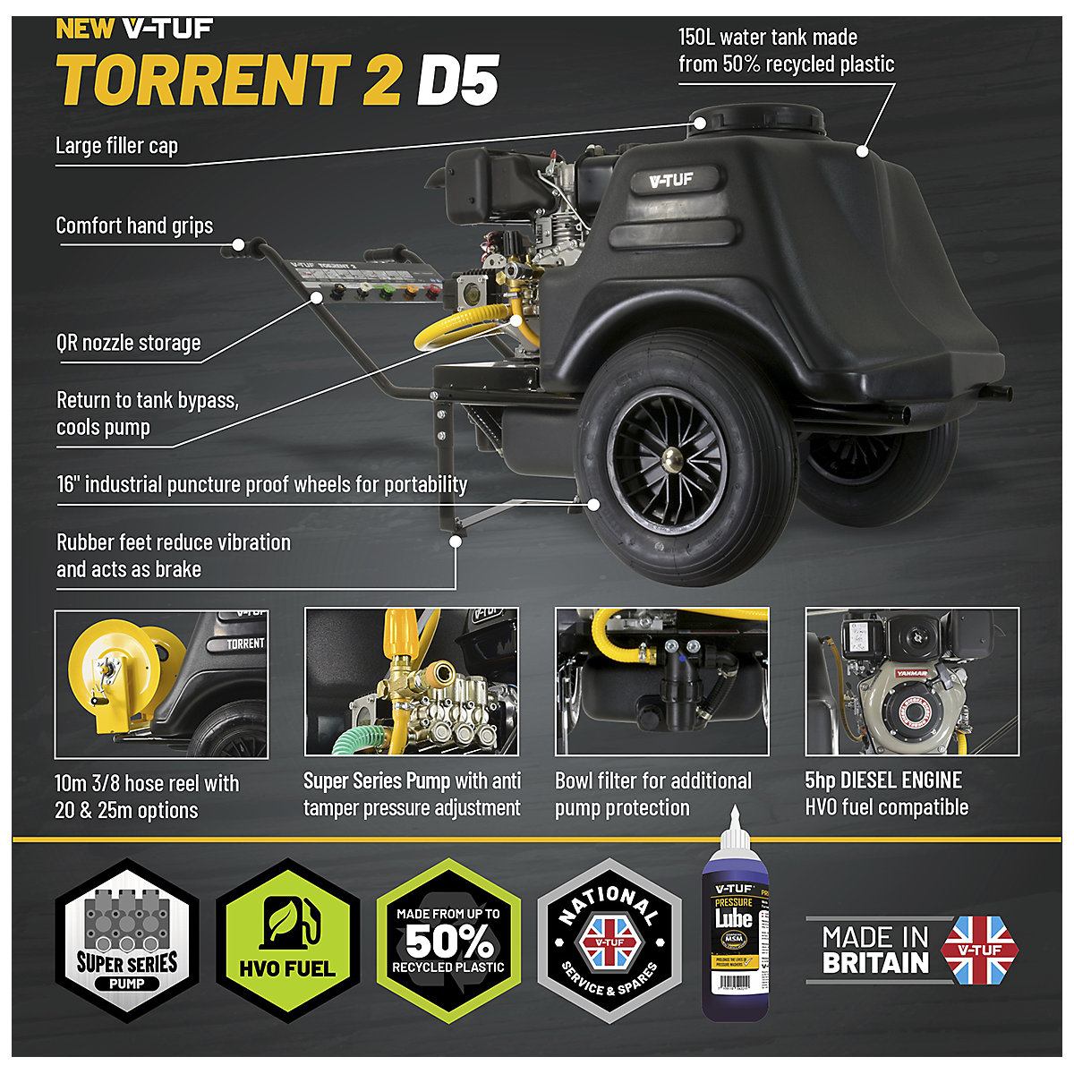 V-TUF Torrent 2D5 Yanmar Diesel Bio Bowser Pressure Washer | 13L/Min | 150Bar (Product illustration 4)-3