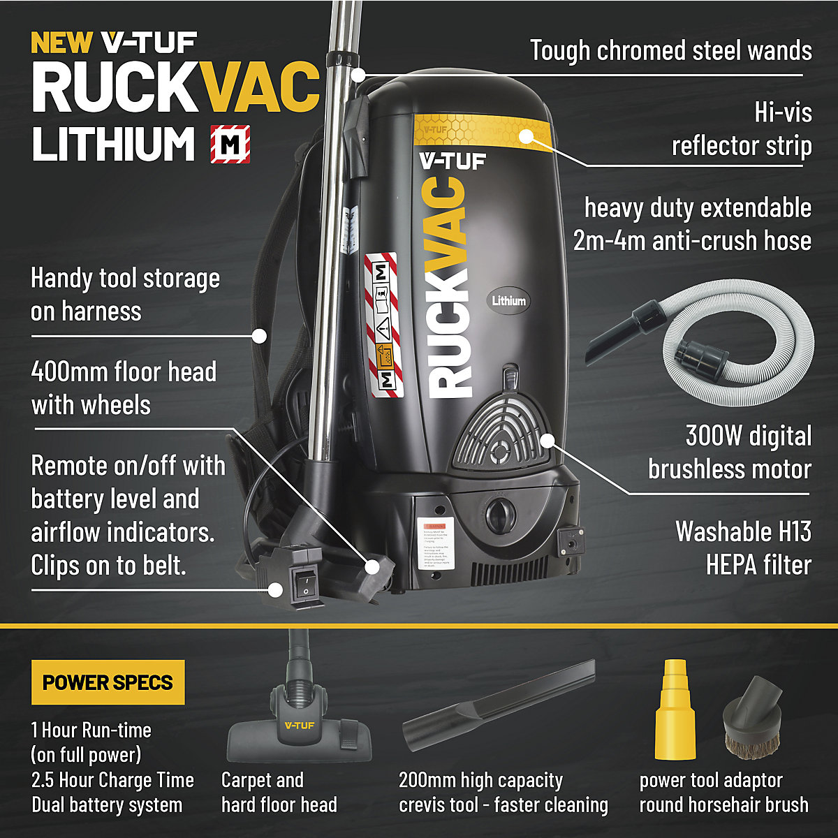 V-TUF RUCKVAC Industrial Backpack Vacuum Cleaner with Lung Safe HEPA H13 Filtration (Product illustration 4)-3