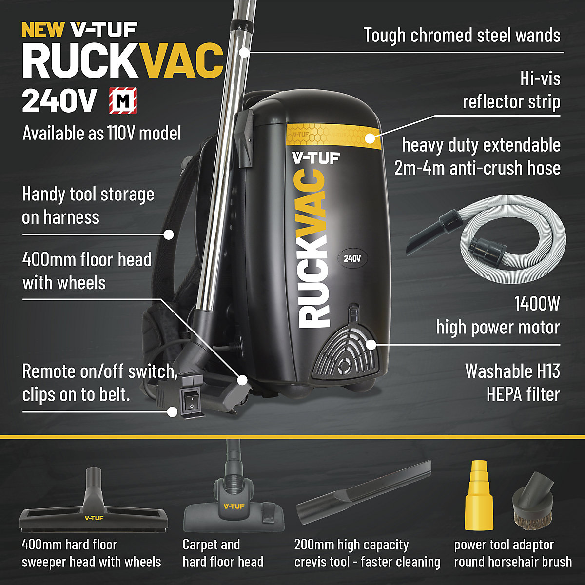 V-TUF RUCKVAC Industrial Backpack Vacuum Cleaner with Lung Safe HEPA H13 Filtration (Product illustration 3)-2