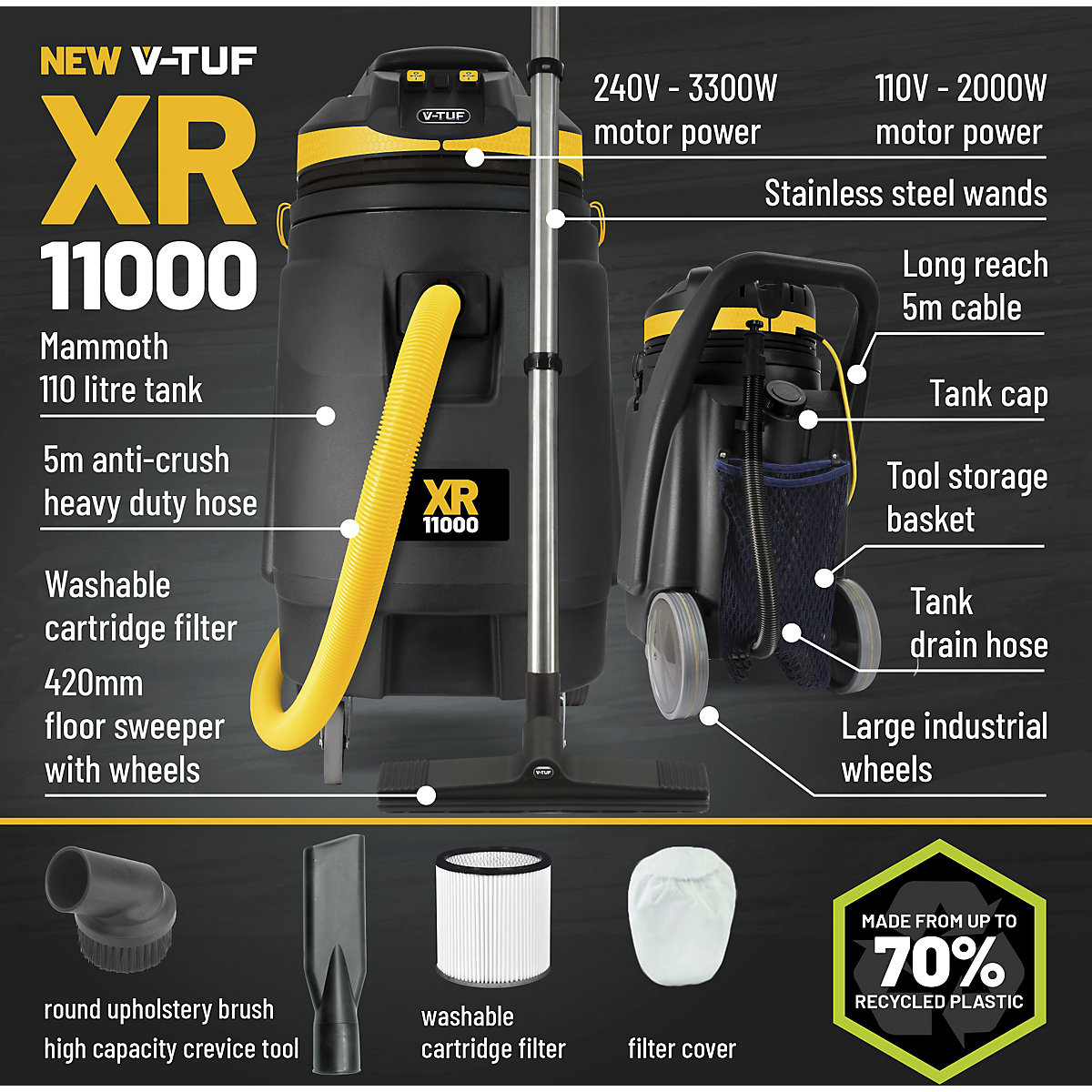V-TUF XR11000 High Performance Wet & Dry Industrial Vacuum Cleaner (Product illustration 4)-3