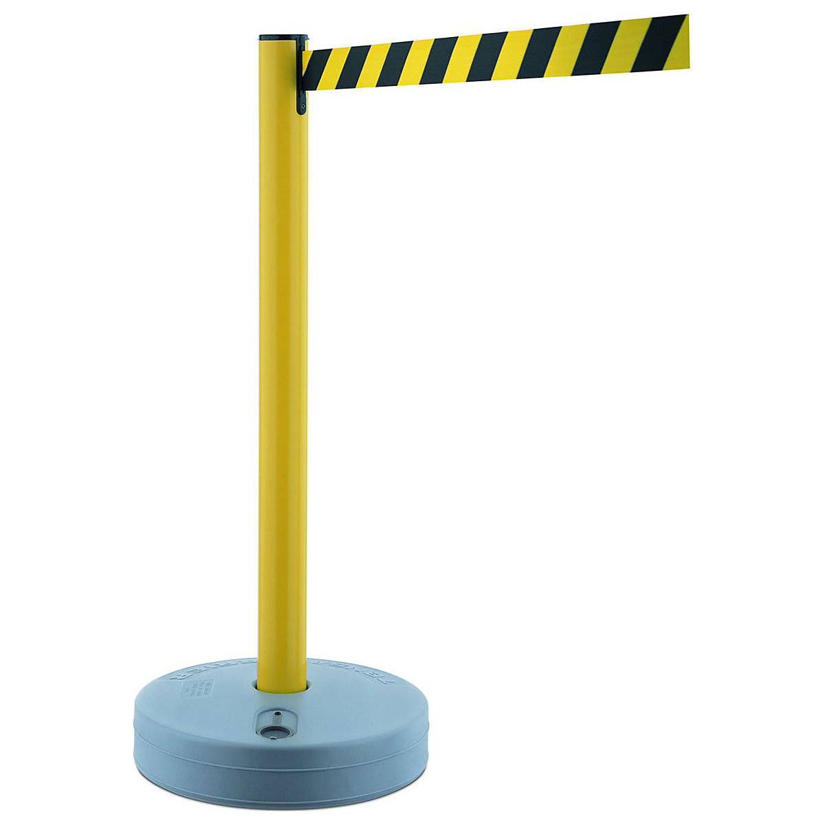 Outdoor Retractable Belt Barriers, Outdoor Retractable Belt Barriers, Outdoor Retractable Belt Barrier | Yellow Plastic Post with Grey Plastic Base | 3.65m Yellow and Black Chevron Webbing-0