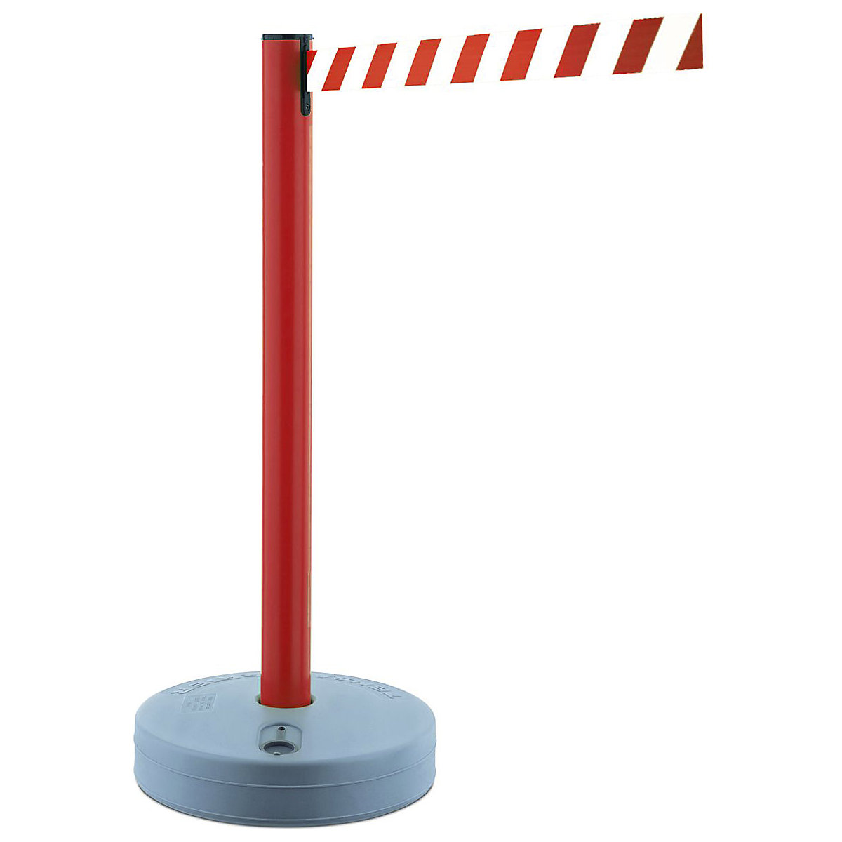 Outdoor Retractable Belt Barriers, Outdoor Retractable Belt Barriers, Outdoor Retractable Belt Barrier | Red Plastic Post with Grey Plastic Base | 3.65m Red and White Chevron Webbing-0