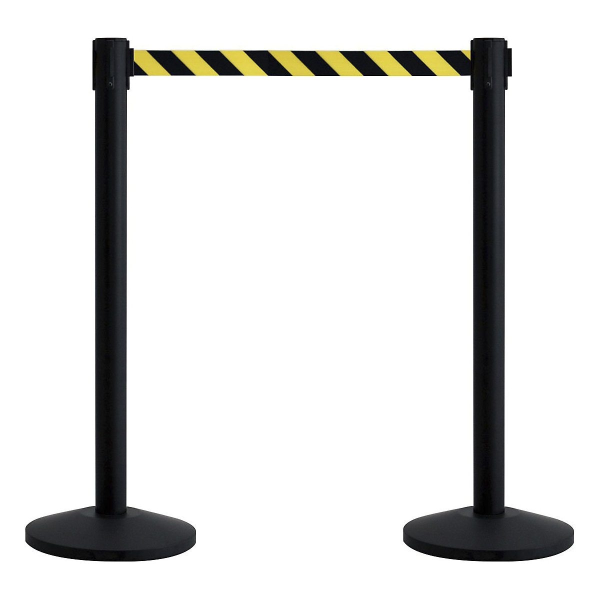 Value Retractable Belt Barriers, Value Retractable Belt Barriers, Value Retractable Belt Barriers | 2x Black Steel Posts | 2.3m Yellow and Black Chevron Webbing-0