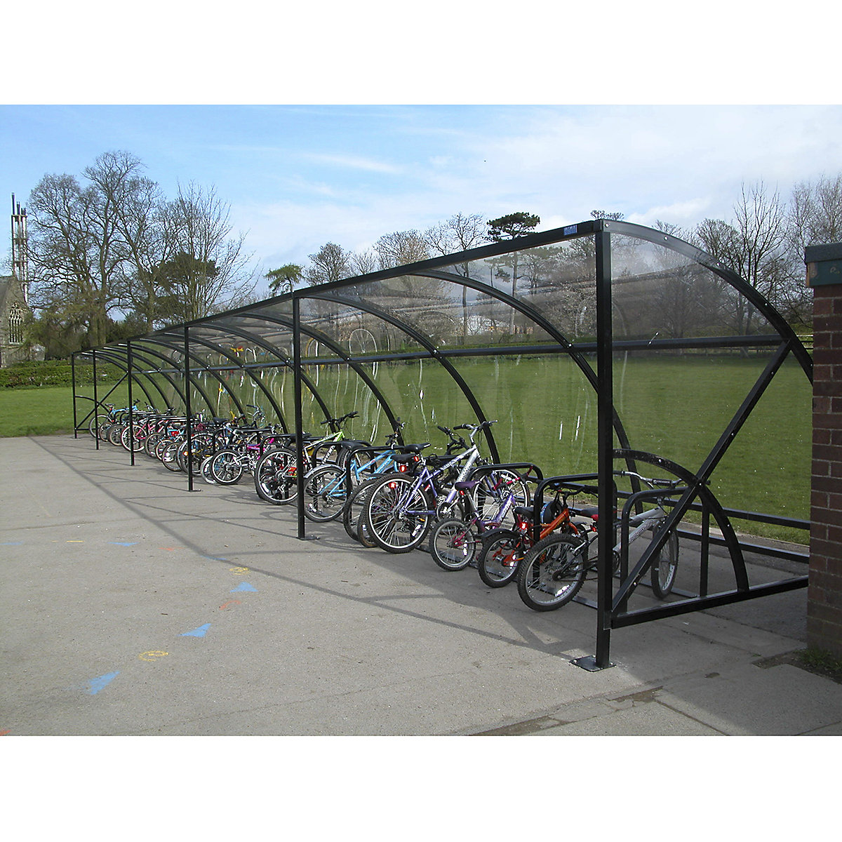 Hamble Cycle Shelter Modular System, Hamble Cycle Shelter Modular System, Hamble Cycle Shelter Modular System | 2160h x 8180w x 2200d mm | Stores 20 Bikes | With Side Panels | Set of 5 Black Helmet Lockers | Black Shelter-10