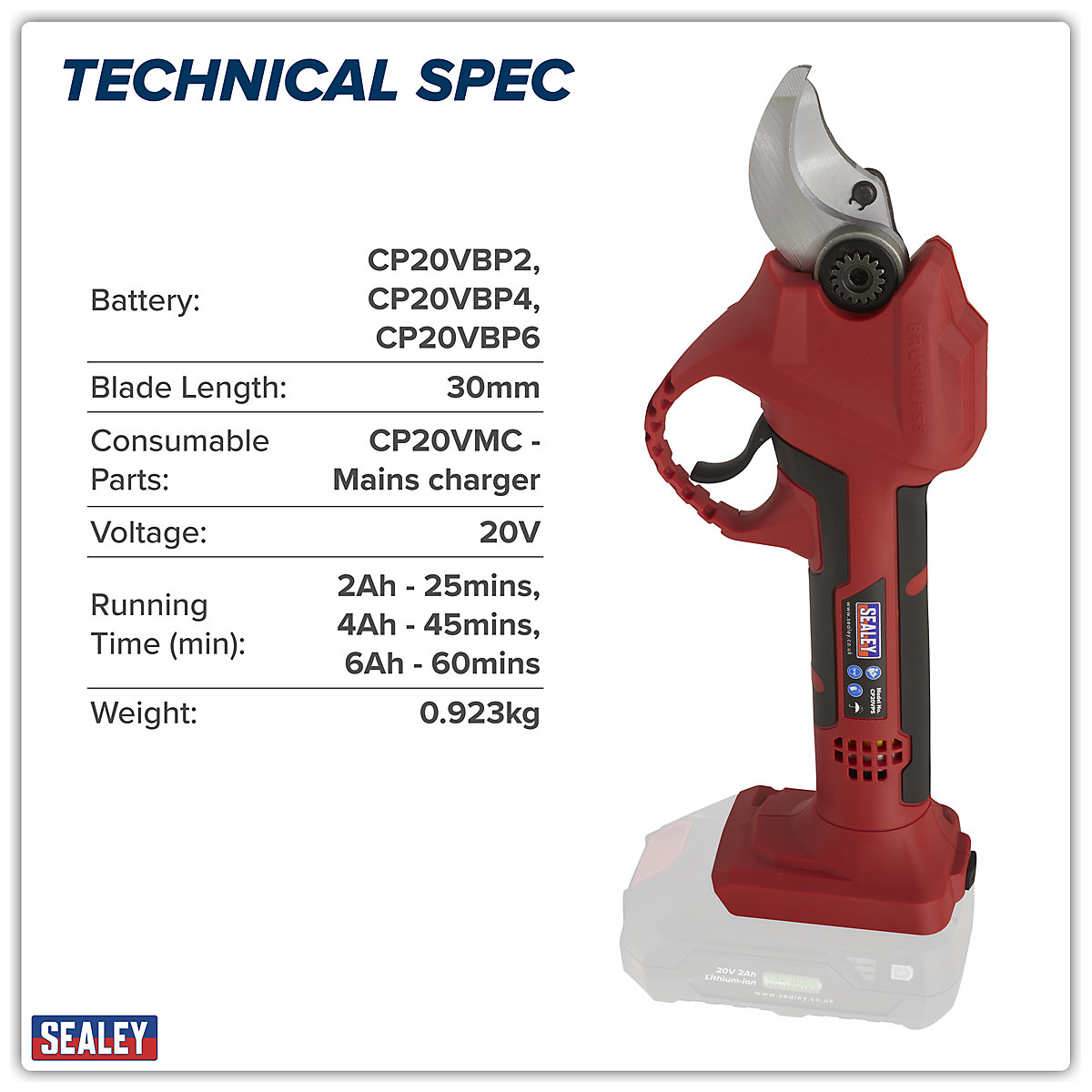 Sealey SV20 Series Brushless Cordless Pruning Shears (Product illustration 4)-3