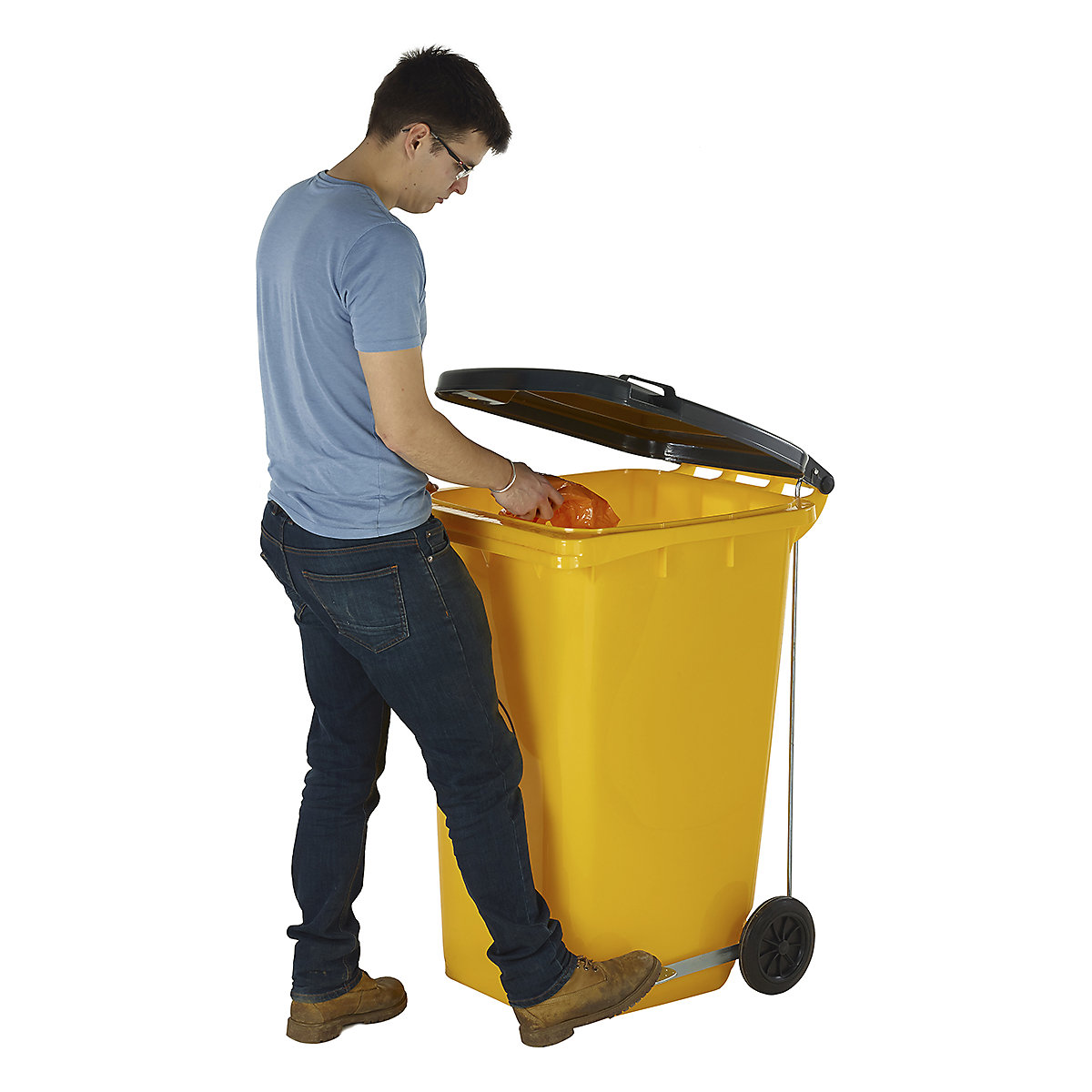 240 Litre Wheelie Bins with Lid Options, 240 Litre Wheelie Bins with Lid Options, 240 Litre Wheeled Bin | 1000h x 750w x 590d mm | Yellow Base | Dark Grey Lid | Side Pedal-1
